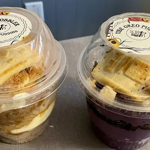 Peach Cobbler Banana Pudding and Ube Oreo Pudding. Sold during Mexipeno Fest 10/26/24 Ube Oreo Pudding needs to be sold year round.
