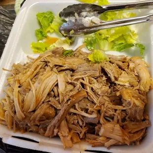 Roast pork with gravy and missing fresh green salad - it was a huge serving!  Had the salad for my lunch too! Lol