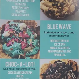 Super Scoops! Signature Ice Cream Menu - nutty caramel, blue wave, choc-a-lot