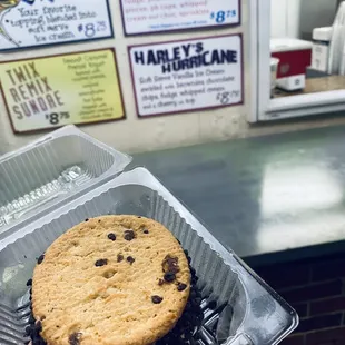 a hand holding a chocolate chip cookie