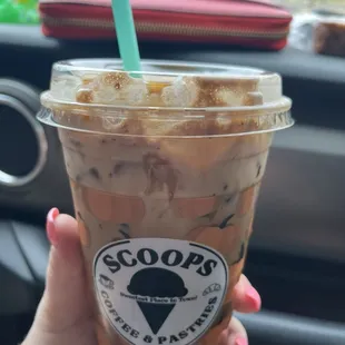 Iced mocha with salted caramel and hazelnut