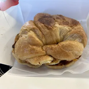 Sausage, egg and cheese croissant sandwich