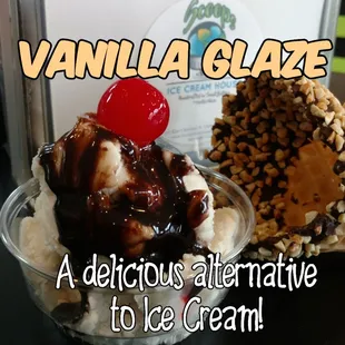 Vanilla Glaze is a delicious non-dairy, lactose free, vegan alternative. Made with almond and coconut milk, sugar and Madagascar vanilla.