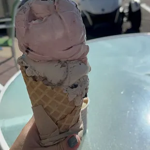 Black Cherry &amp; Malt Amore in a waffle cone