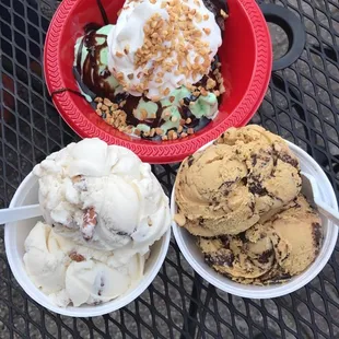 three bowls of ice cream
