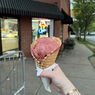 Red velvet in a waffle cone