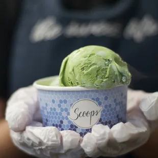 a person holding a cup of ice cream