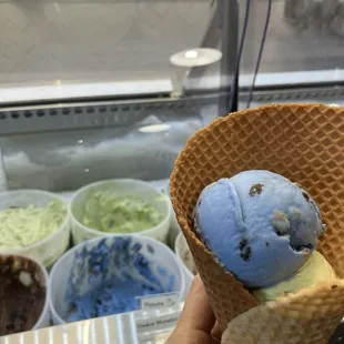 Our kids Cookie Monster and pistachio in homemade waffle cone $7 so good!