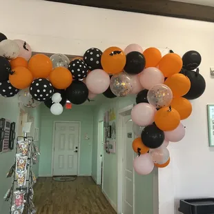 a hallway decorated for halloween