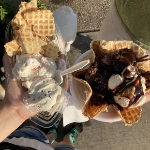 a waffle with ice cream and chocolate sauce
