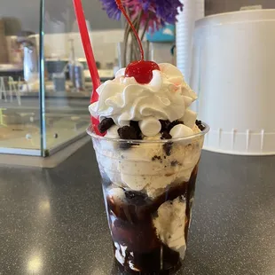 an ice cream sundae with whipped cream and cherries