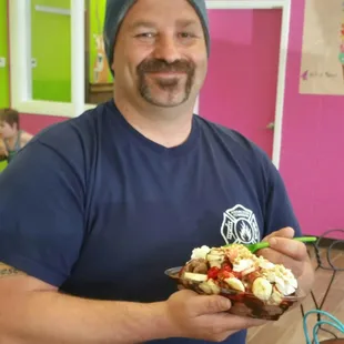 Experience the Ducky Split! 3 large scoopz of Dutch Chocolate, banana, hot fudge, strawberry topping, whipped cream, cherry, &amp; Pocky sticks!