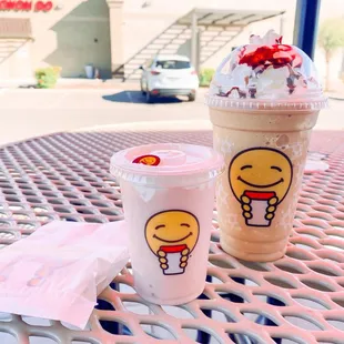 Kids snack combo with strawberry smoothie and medium turtle latte blended.