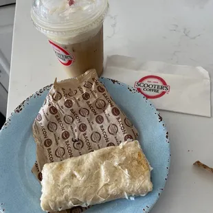Bacon breakfast burrito and a vanilla maple latte.