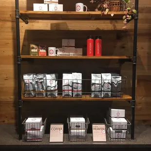 shelves of coffee and coffee bags