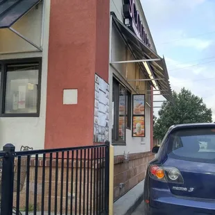 Scooter&apos;s drive-thru. There is outside seating, but no interior seating.