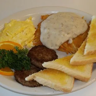 Scrambled Eggs, Sausage, Hash Browns, and Toast