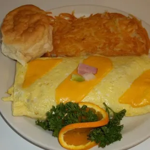 Western Omelet with Golden Hash Browns and a Biscuit