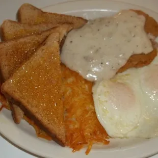 Country Boy - Country Fried Steak and Eggs with Golden Hash Browns and Toast