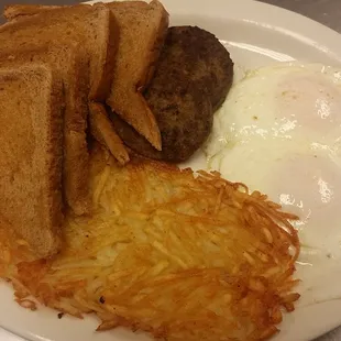 Sausage and Eggs with Golden Hash Browns and Toast