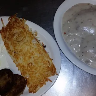 Sausage and Eggs with Golden Hash Browns and a Biscuit and Gravy