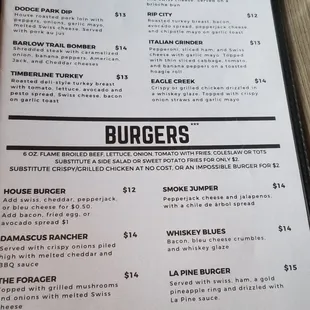 Sandwich and Burger menu