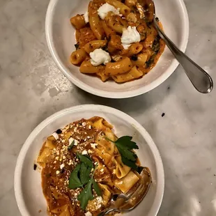 Rigatoni Pasta with vodka sauce ($19) and Pappardelle Pasta with braised pork shank ($27)