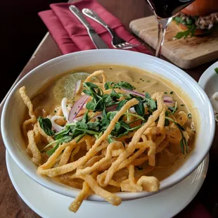 Khao Soi Soup!  Burmese curry noodle soup with chicken &amp; fried won ton noodles
