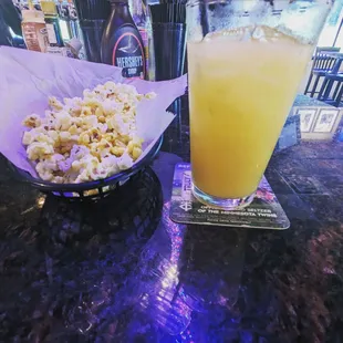 Screwdriver at Happy Hour with popcorn  Great food with lots of choices. They have a happy hour menu, too!!!