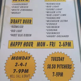 Beverage side. Specials listed at the bottom