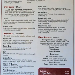 Appetizers, salads, sandwiches, burgers, along with daily lunch specials, are listed on the first page of the menu.