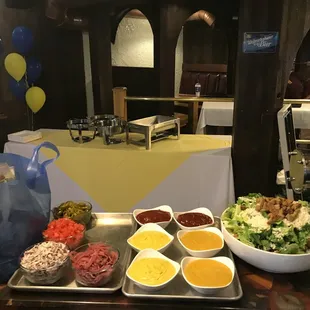 a table with a variety of food items