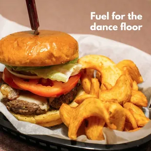 a burger and fries in a basket