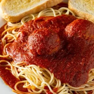 Spaghetti with Meatballs - - perfectly cooked noodles, covered with Scorno&apos;s Pasta Sauce (or try it with our delicious Meat Sauce!)