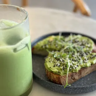 Iced Matcha Latte with Oat Milk and Avocado Toast
