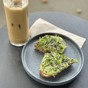 Avocado Toast and iced oatmilk vanilla latte