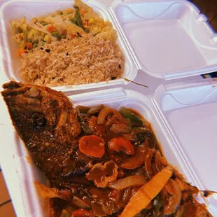 Brown Stew Fish, Rice &amp; Peas, Cabbage