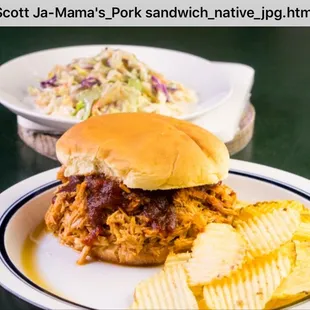 a pulled pork sandwich and potato chips