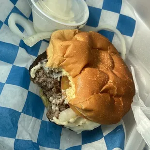 Cheeseburger with pepper jack cheese.