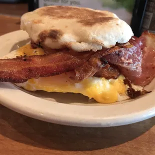 bacon and eggs on a biscuit
