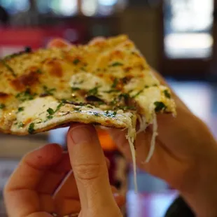 a hand holding a piece of pizza