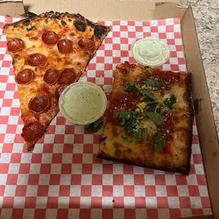 Slice of pepperoni, slice of delfino, and creamy buttermilk dip.