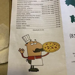 a menu for special pizzas and sides