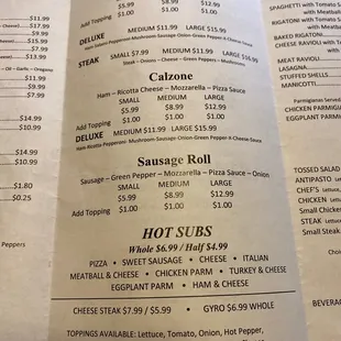 menu and prices