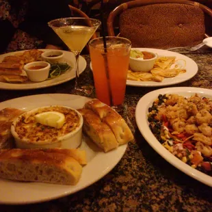 Crab &amp; Artichoke dip, Fiesta Calamari, Potstickers, &amp; quesadillas