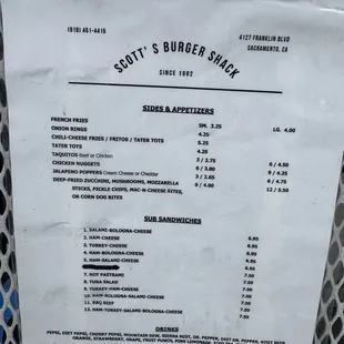 Sides and subs menu 11/2024