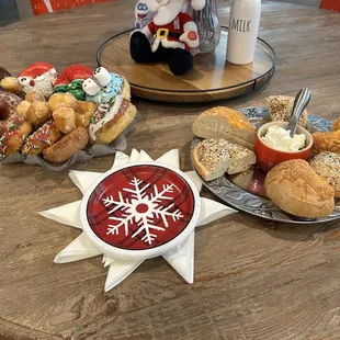 Holiday doughnuts assortment and bagels