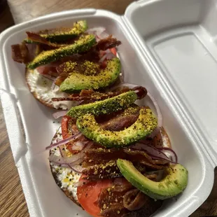 avocado, bacon, tomato, and cheese