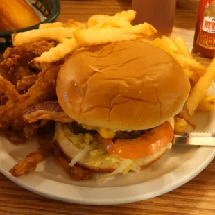 Bacon cheeseburger with half-and-half (fries and onion rings)! You don't have to choose between potatoes or onions here. :)