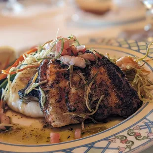 Blackened Catfish, Garlic Mashed Potatoes, Basil Oil, Bay Shrimp Salsa